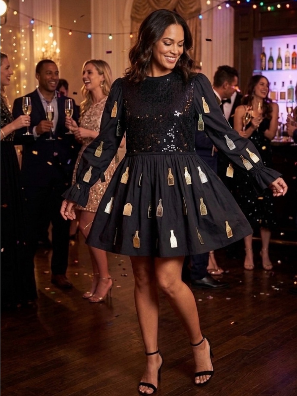 New! QUEEN OF SPARKLES Black Sequin Champagne Bottle Long Sleeve Dress